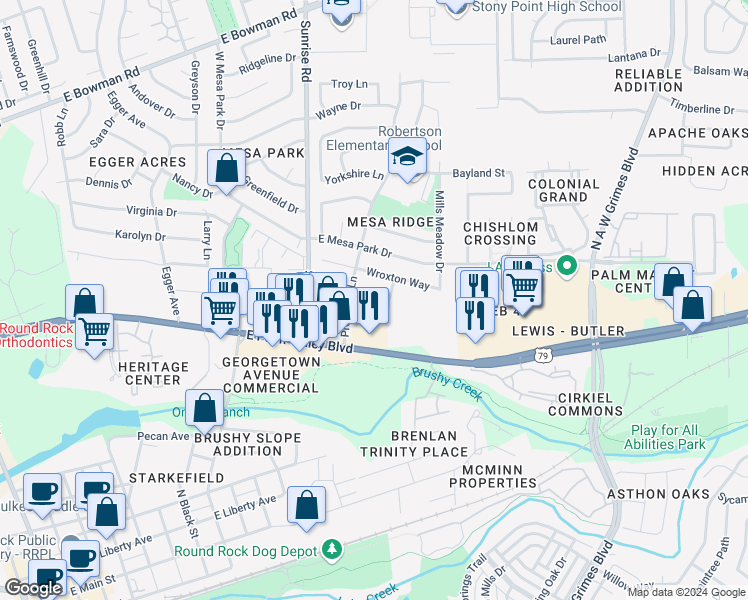 map of restaurants, bars, coffee shops, grocery stores, and more near 1221 Provident Lane in Round Rock