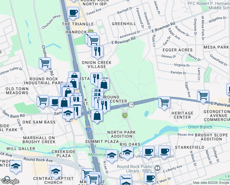map of restaurants, bars, coffee shops, grocery stores, and more near 120 Northwest Drive in Round Rock