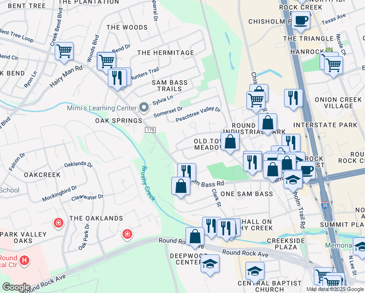map of restaurants, bars, coffee shops, grocery stores, and more near 1600 Meadows Drive in Round Rock