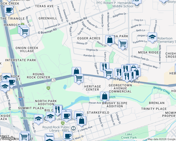 map of restaurants, bars, coffee shops, grocery stores, and more near 514 Palm Valley Boulevard in Round Rock