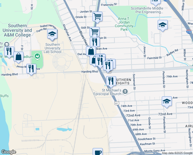 map of restaurants, bars, coffee shops, grocery stores, and more near 7801 Scenic Highway in Baton Rouge