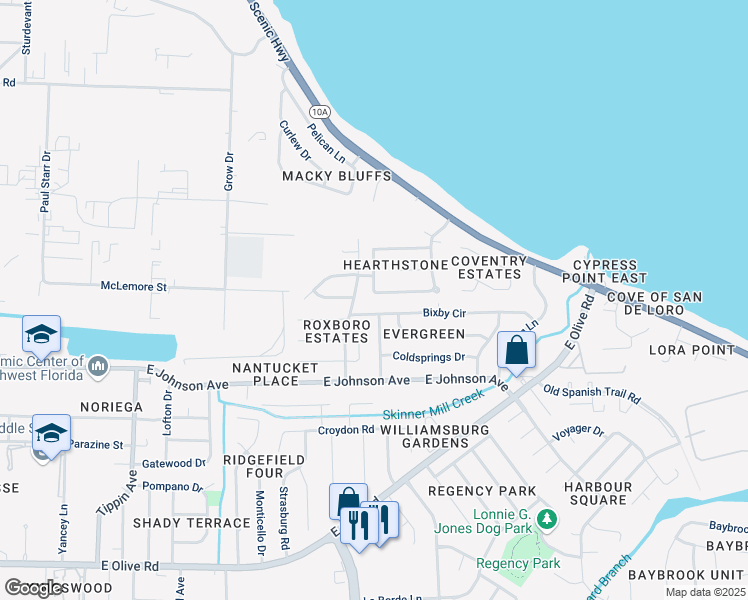 map of restaurants, bars, coffee shops, grocery stores, and more near 4207 Burtonwood Drive in Pensacola