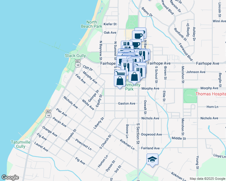 map of restaurants, bars, coffee shops, grocery stores, and more near 150 South Summit Street in Fairhope