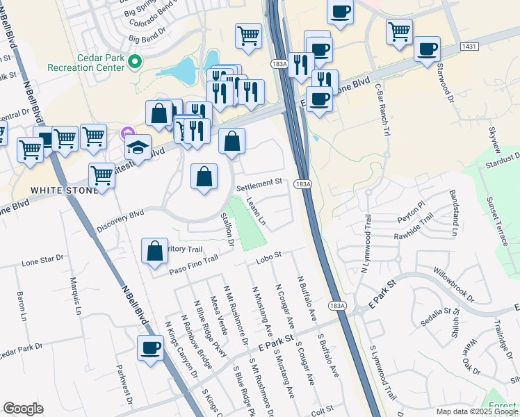 map of restaurants, bars, coffee shops, grocery stores, and more near 718 Leann Lane in Cedar Park