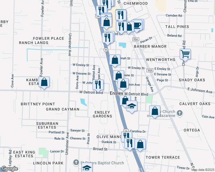 map of restaurants, bars, coffee shops, grocery stores, and more near 520 West Detroit Boulevard in Pensacola
