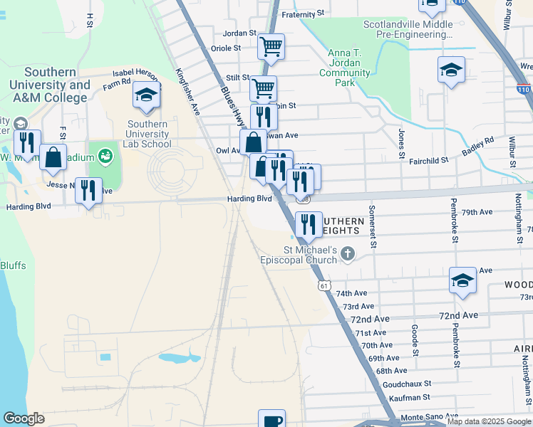 map of restaurants, bars, coffee shops, grocery stores, and more near 7801 Scenic Highway in Baton Rouge
