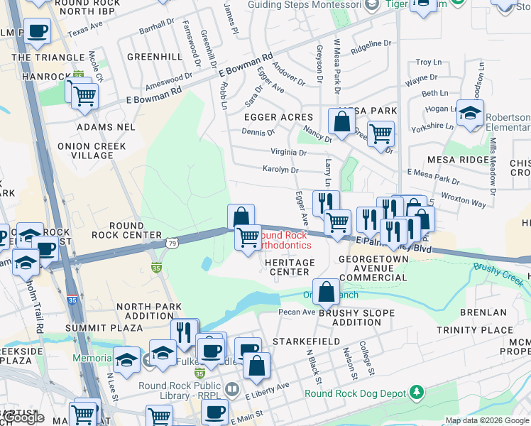 map of restaurants, bars, coffee shops, grocery stores, and more near 514 Palm Valley Boulevard in Round Rock