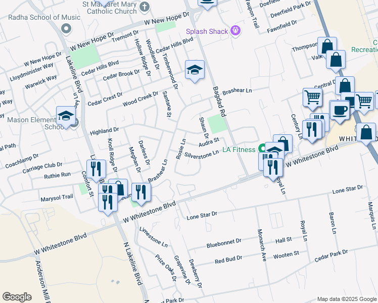 map of restaurants, bars, coffee shops, grocery stores, and more near 1041 Silverstone Lane in Cedar Park