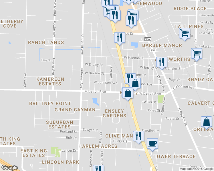 map of restaurants, bars, coffee shops, grocery stores, and more near 8432 Walnut Avenue in Pensacola