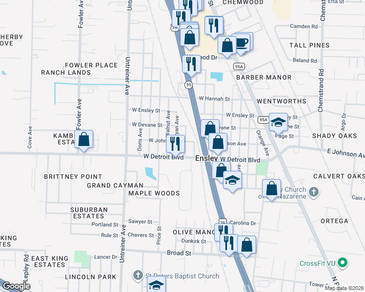 map of restaurants, bars, coffee shops, grocery stores, and more near 8437 Cherry Avenue in Pensacola