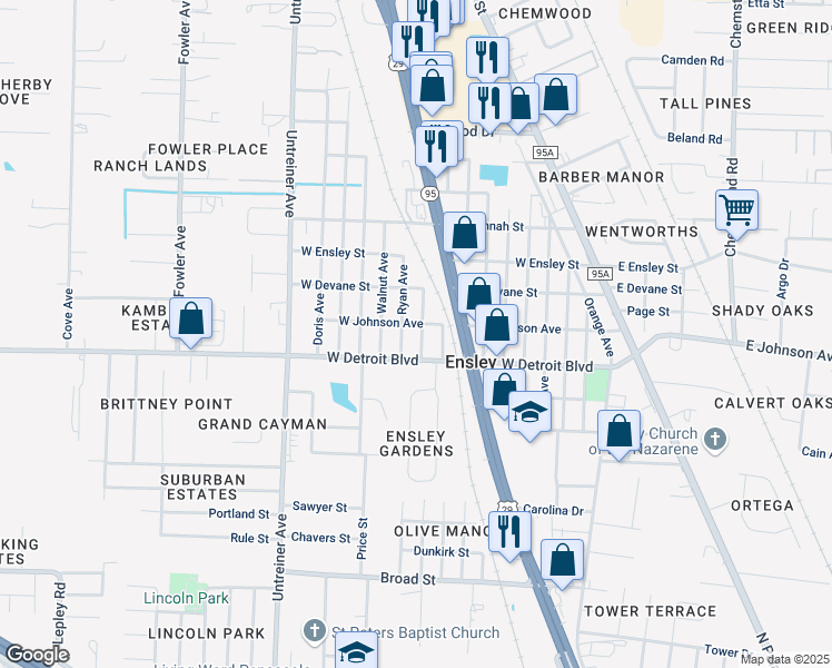 map of restaurants, bars, coffee shops, grocery stores, and more near 520 West Detroit Boulevard in Pensacola