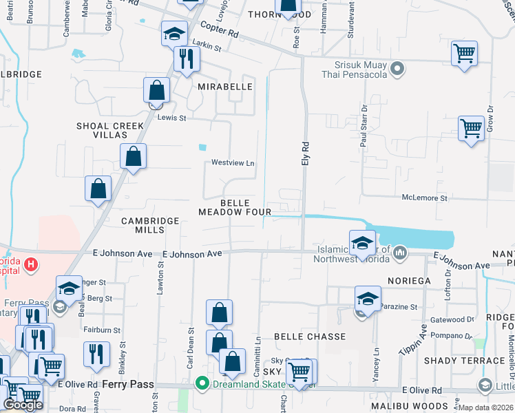 map of restaurants, bars, coffee shops, grocery stores, and more near 2788 Honeywood Drive in Pensacola