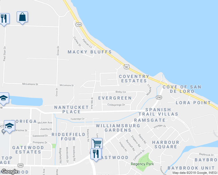 map of restaurants, bars, coffee shops, grocery stores, and more near 4215 Burtonwood Drive in Pensacola
