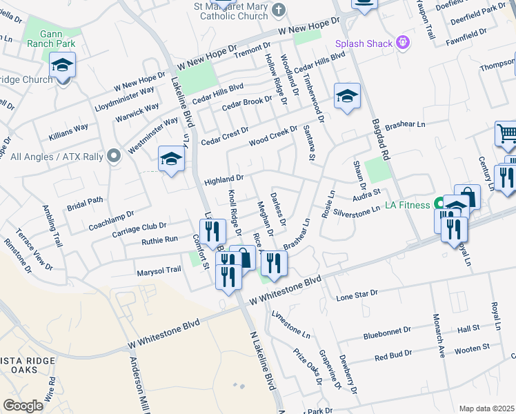 map of restaurants, bars, coffee shops, grocery stores, and more near 1304 Meghan Drive in Cedar Park