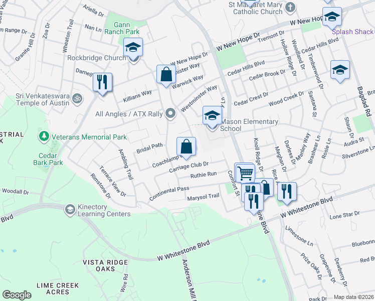 map of restaurants, bars, coffee shops, grocery stores, and more near 1508 Country Squire Drive in Cedar Park
