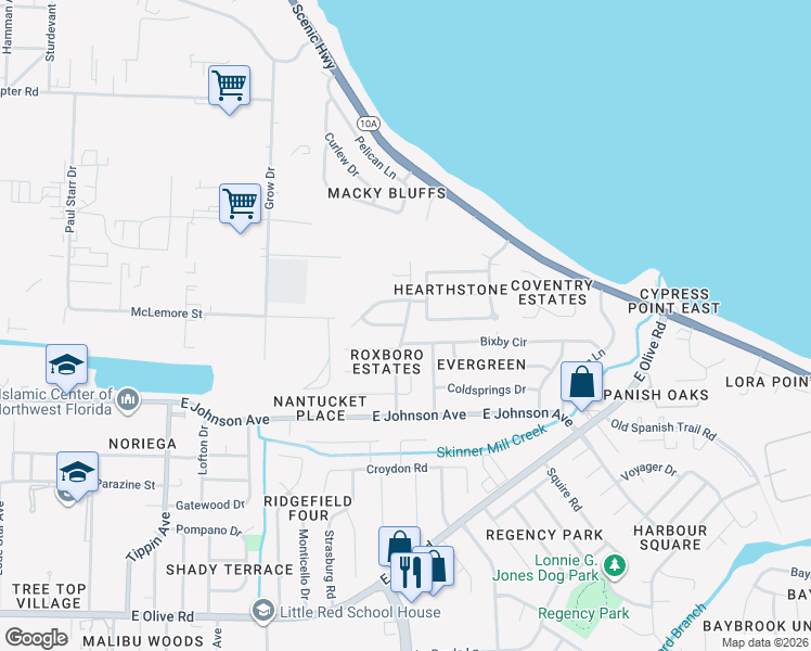 map of restaurants, bars, coffee shops, grocery stores, and more near 8706 North 9th Avenue in Pensacola
