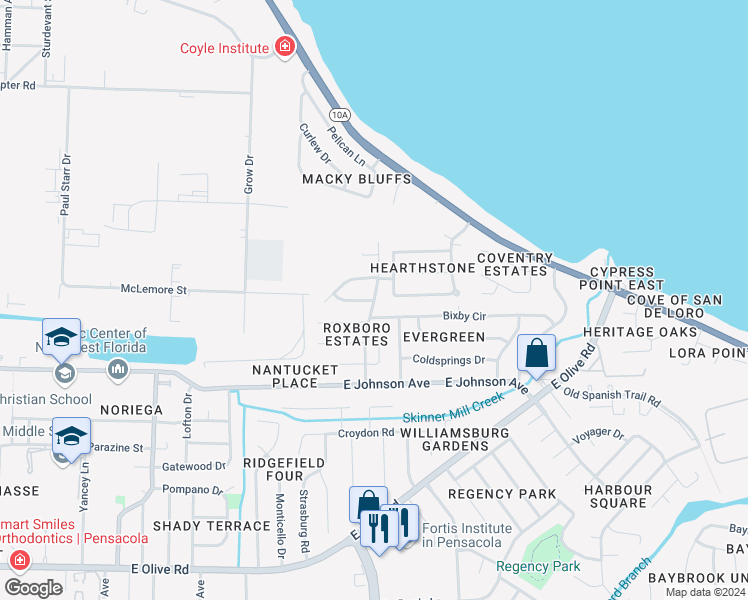 map of restaurants, bars, coffee shops, grocery stores, and more near North 9th Avenue in Pensacola