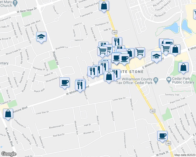 map of restaurants, bars, coffee shops, grocery stores, and more near 551 West Whitestone Boulevard in Cedar Park