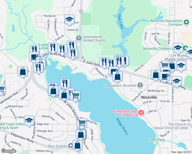 map of restaurants, bars, coffee shops, grocery stores, and more near 504 Regatta Circle in Niceville