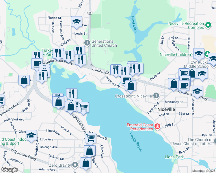 map of restaurants, bars, coffee shops, grocery stores, and more near 504 Regatta Circle in Niceville