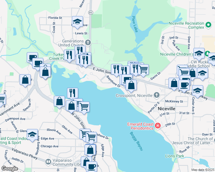map of restaurants, bars, coffee shops, grocery stores, and more near 504 Regatta Circle in Niceville
