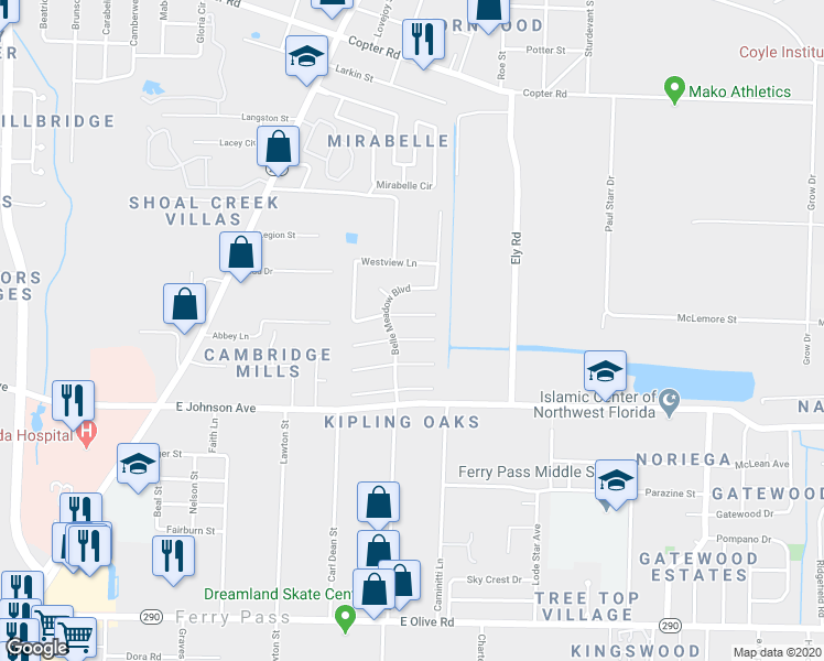 map of restaurants, bars, coffee shops, grocery stores, and more near 2776 Cottonwood Lane in Pensacola
