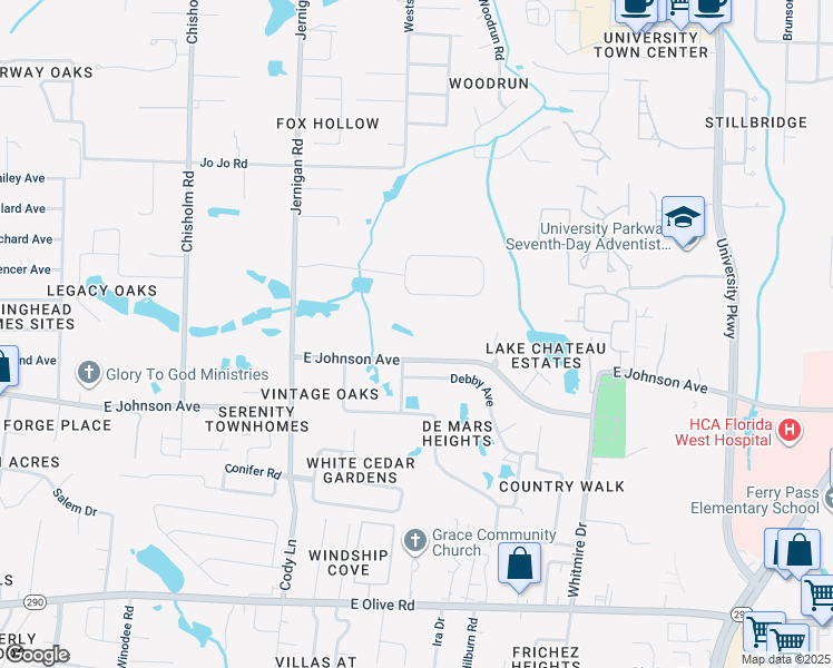 map of restaurants, bars, coffee shops, grocery stores, and more near 1325 Finley Drive in Pensacola