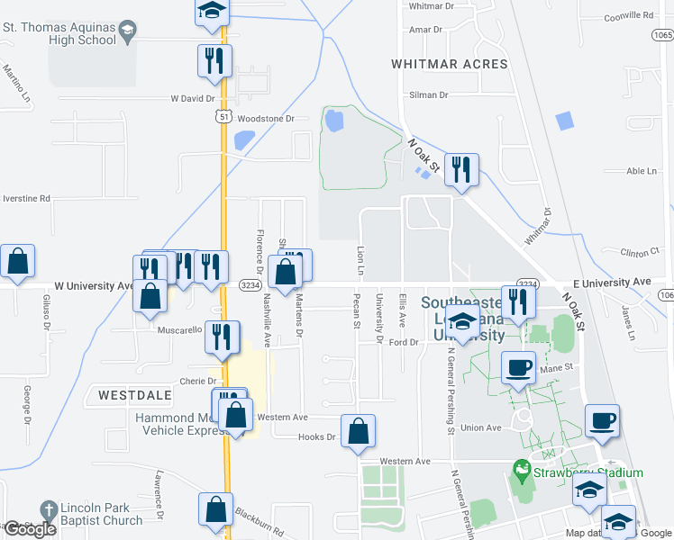 map of restaurants, bars, coffee shops, grocery stores, and more near 1002 West University Avenue in Hammond