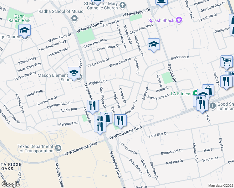 map of restaurants, bars, coffee shops, grocery stores, and more near 1314 Meghan Drive in Cedar Park