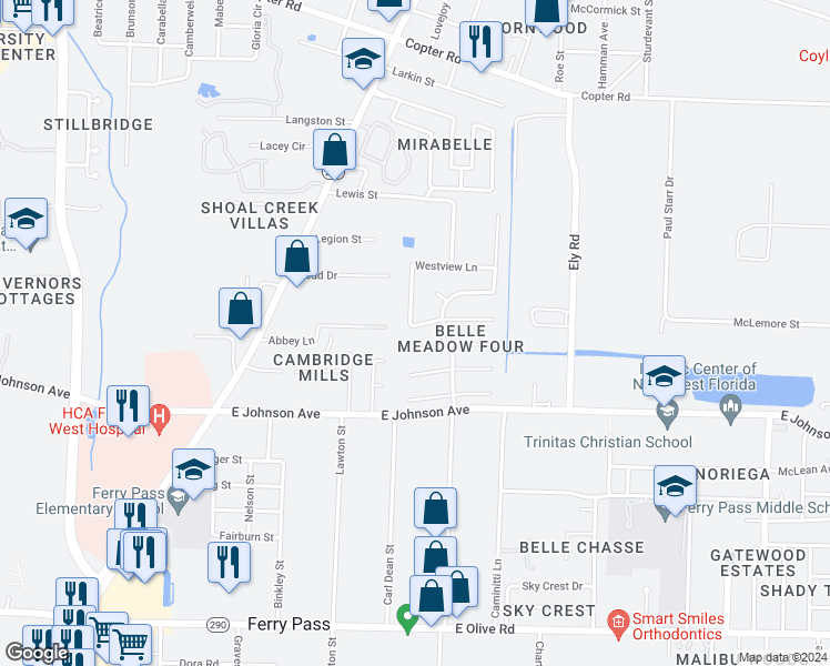 map of restaurants, bars, coffee shops, grocery stores, and more near 2749 Cottonwood Lane in Pensacola