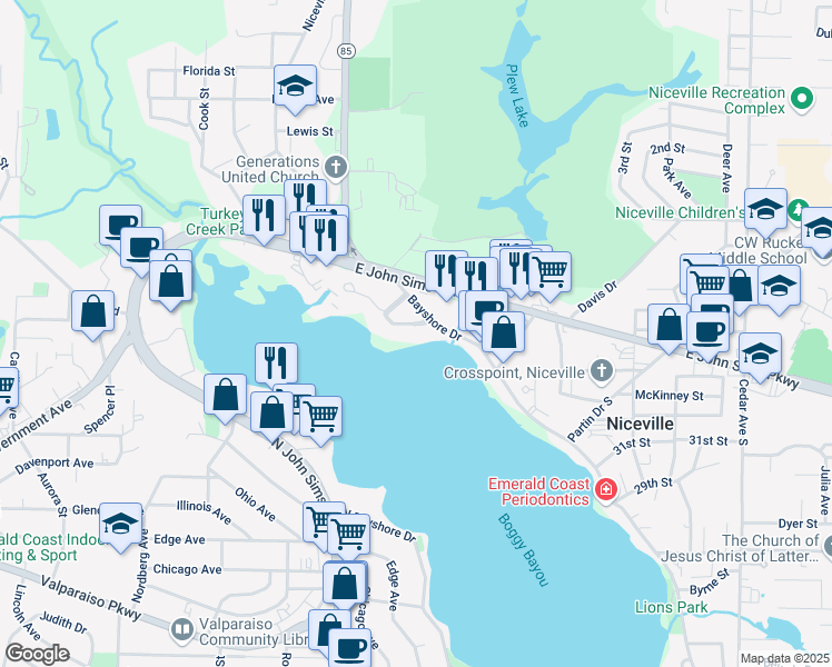 map of restaurants, bars, coffee shops, grocery stores, and more near 900 Regatta Circle in Niceville