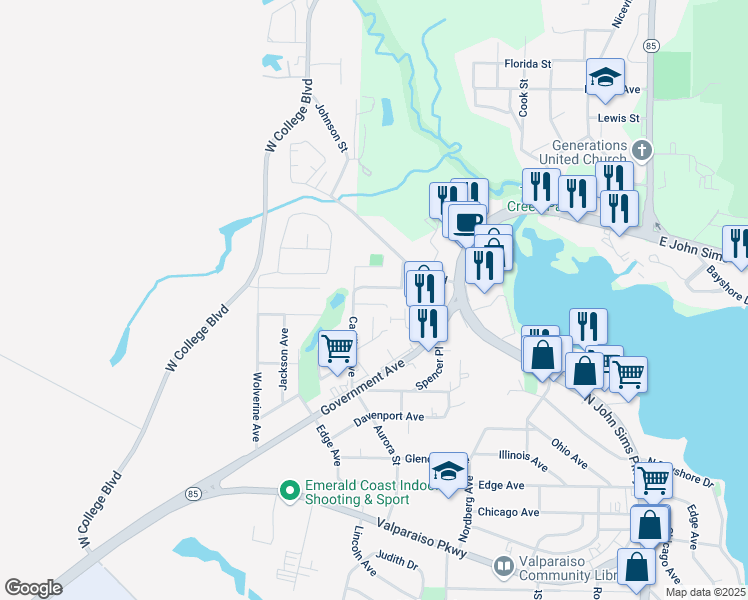 map of restaurants, bars, coffee shops, grocery stores, and more near 207 Marquette Avenue in Niceville