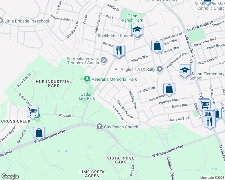 map of restaurants, bars, coffee shops, grocery stores, and more near 2401 Sweetwater Lane in Cedar Park