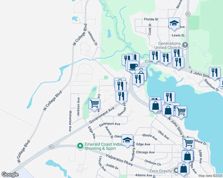 map of restaurants, bars, coffee shops, grocery stores, and more near 206 Marquette Avenue in Niceville