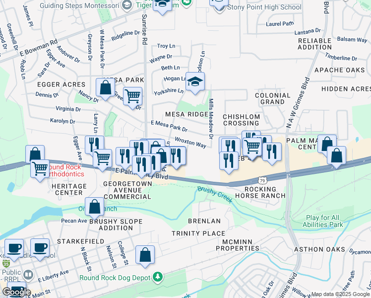 map of restaurants, bars, coffee shops, grocery stores, and more near 1307 Wroxton Way in Round Rock