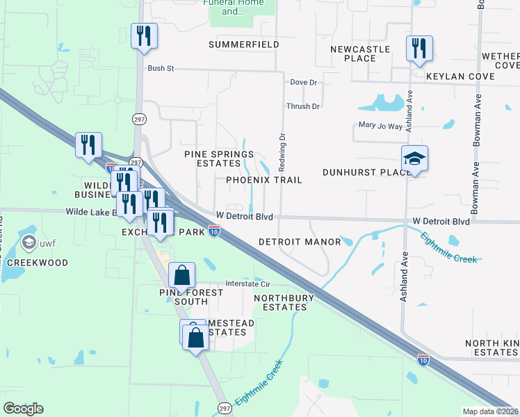 map of restaurants, bars, coffee shops, grocery stores, and more near 8509 Blue Jay Way in Pensacola