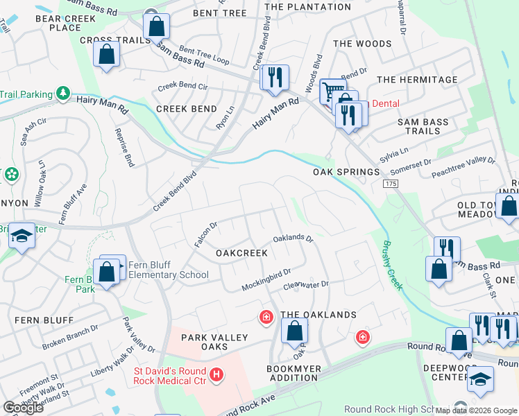 map of restaurants, bars, coffee shops, grocery stores, and more near 2306 Falcon Drive in Round Rock