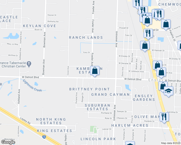 map of restaurants, bars, coffee shops, grocery stores, and more near 8425 Fowler Avenue in Pensacola
