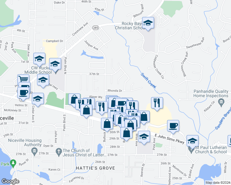 map of restaurants, bars, coffee shops, grocery stores, and more near 1127 Rhonda Drive in Niceville