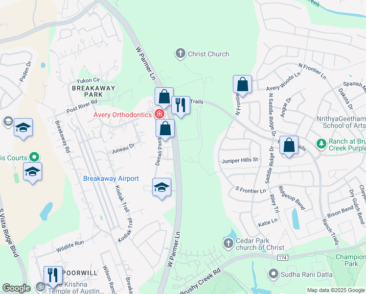 map of restaurants, bars, coffee shops, grocery stores, and more near 11900 West Parmer Lane in Cedar Park