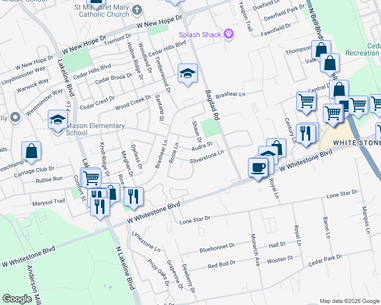 map of restaurants, bars, coffee shops, grocery stores, and more near 1010 Audra Street in Cedar Park