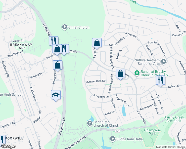 map of restaurants, bars, coffee shops, grocery stores, and more near 111 Arrowhead Trail in Cedar Park