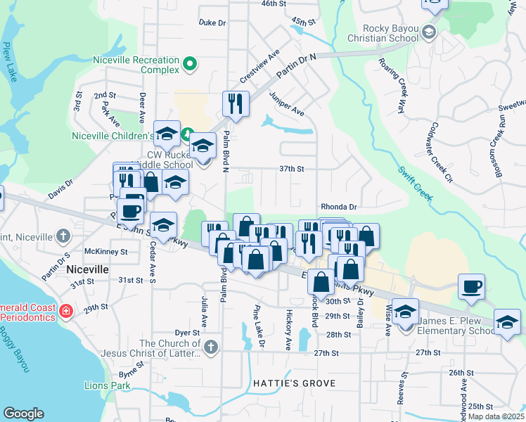 map of restaurants, bars, coffee shops, grocery stores, and more near 118 Friar Tuck Drive in Niceville