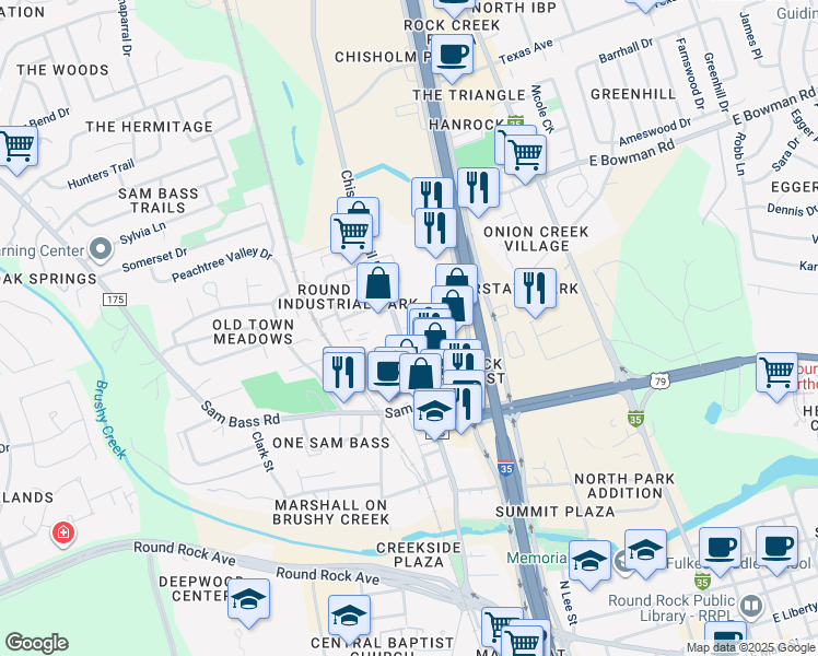 map of restaurants, bars, coffee shops, grocery stores, and more near 1311 Chisholm Trail in Round Rock