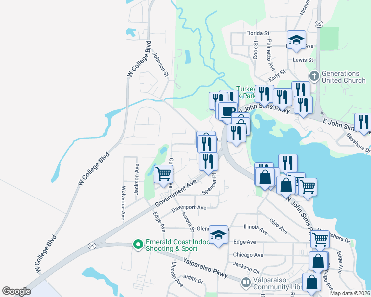 map of restaurants, bars, coffee shops, grocery stores, and more near 206 Marquette Avenue in Niceville