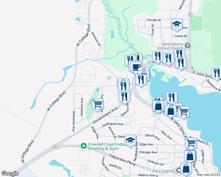 map of restaurants, bars, coffee shops, grocery stores, and more near 206 Marquette Avenue in Niceville