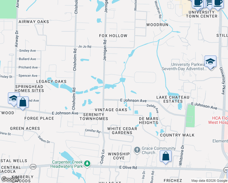 map of restaurants, bars, coffee shops, grocery stores, and more near 1220 East Johnson Avenue in Pensacola