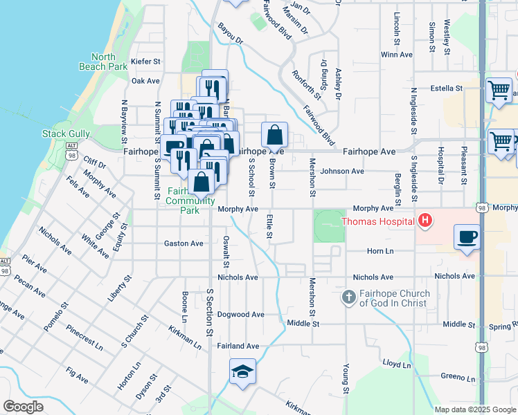 map of restaurants, bars, coffee shops, grocery stores, and more near in Fairhope
