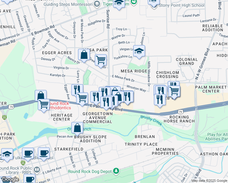 map of restaurants, bars, coffee shops, grocery stores, and more near 1208 Westcott Drive in Round Rock