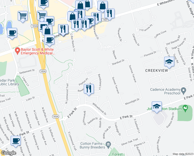 map of restaurants, bars, coffee shops, grocery stores, and more near 1217 Rawhide Trail in Cedar Park